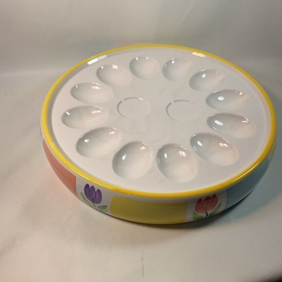 Easter Bunny Devil Egg Serving Tray Spring Flower Vintage Holiday Yellow Purple - Picture 4 of 7